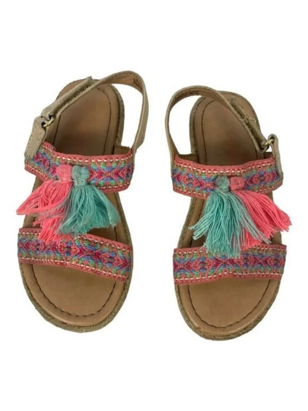 Girls Size 9 Multicolor Tassel Sandals Textile Upper Pink & Teal Straps Buckle
